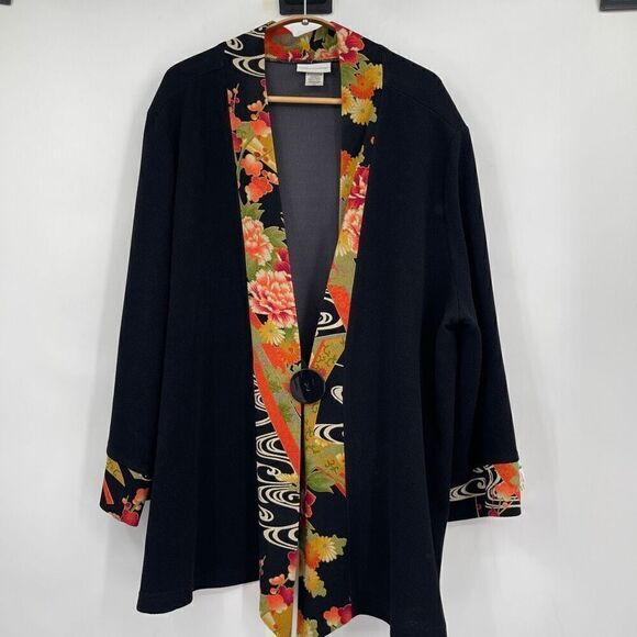 Soft Surroundings Black Floral Trim One Button Kimono Cardigan Jacket 2X - Picture 1 of 6